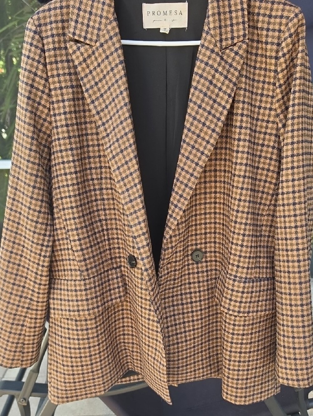 PROMESA Navy and Tan Check Plaid Double-Breasted Blazer